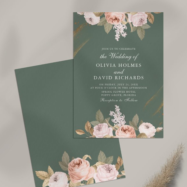 Elegant Sage Green Peony Wedding Invitation (Elegant Sage Green Peony Wedding Invitation on table)
