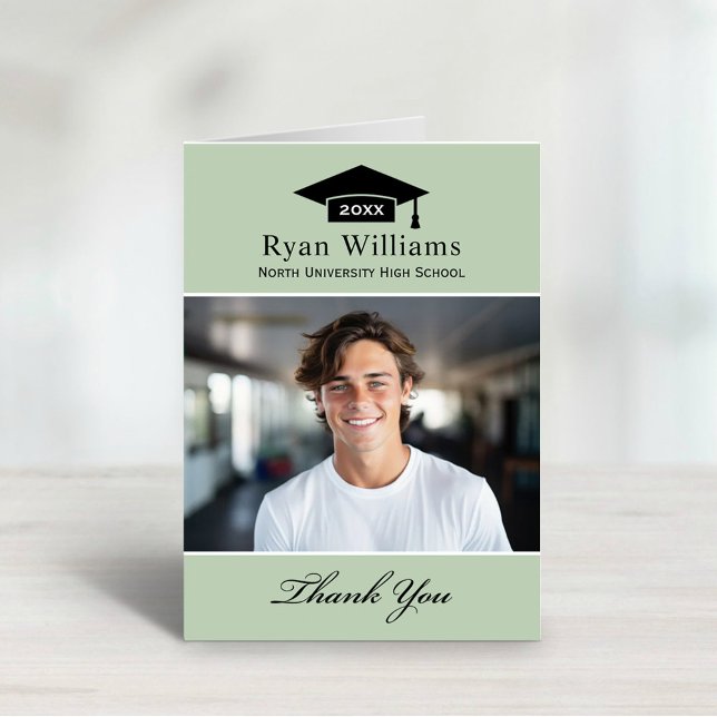 Elegant Sage Green Personalised Graduation Photo Thank You Card (Creator Uploaded)