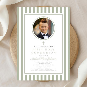 Elegant Sage Green Photo Boy First Communion Invitation