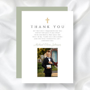 Elegant Sage Green Photo Boy First Communion Thank You Card