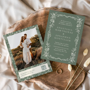 Elegant Sage Green Photo QR Code Vintage Wedding Invitation