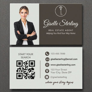 Elegant Sage Green Photo Real Estate Agent QR Code Business Card