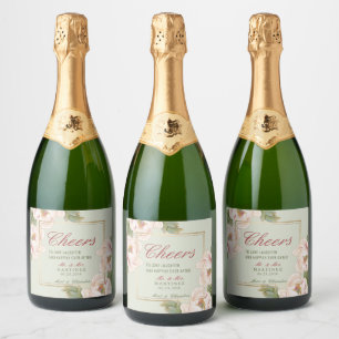Elegant Sage Green & Pink Peony Floral Wedding Sparkling Wine Label