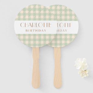 Elegant sage green preppy gingham plaid checked hand fan
