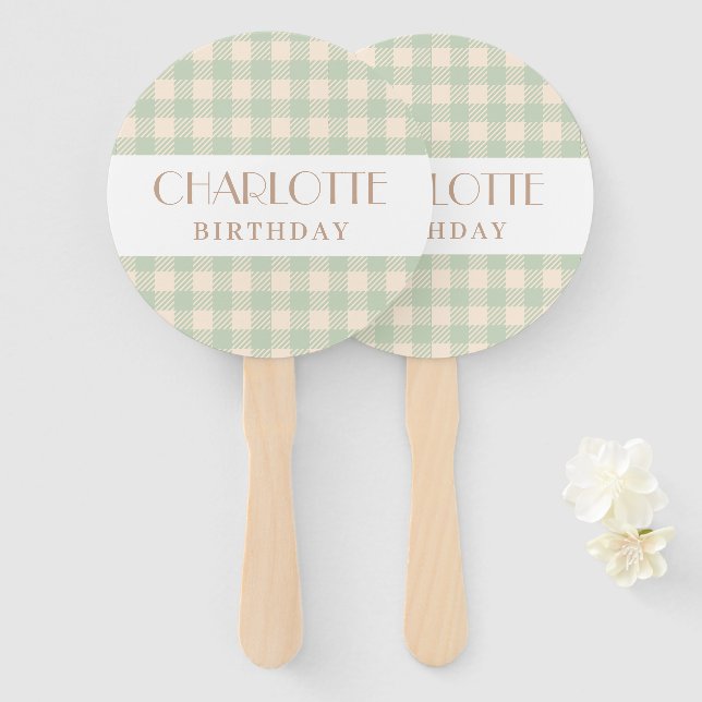 Elegant sage green preppy gingham plaid checked hand fan (Front and Back)