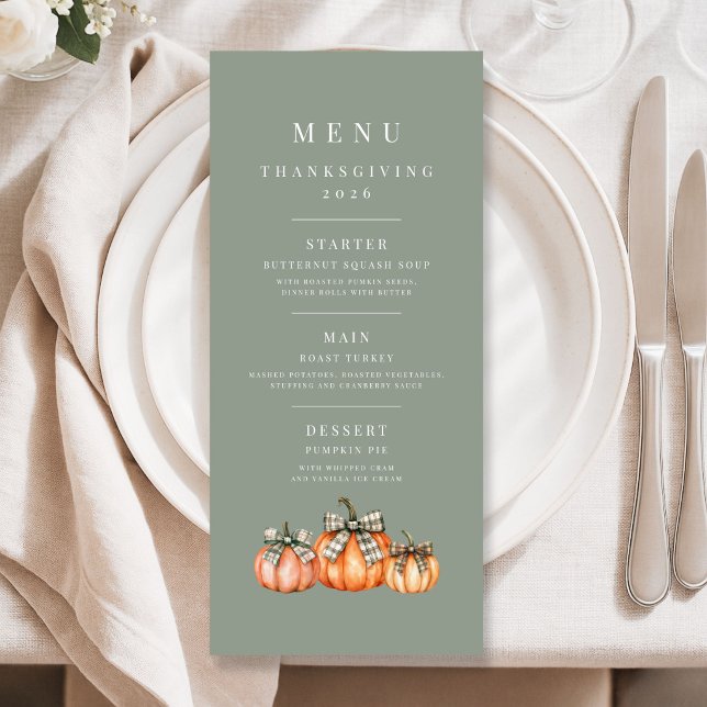 Elegant Sage Green Pumpkins Thanksgiving Menu (Elegant Sage Green Pumpkins Thanksgiving Menu)