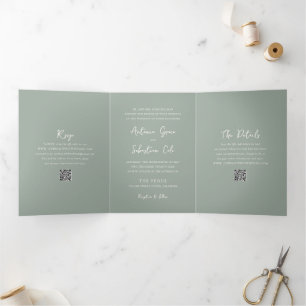 Elegant Sage Green QR Code Modern Wedding Tri-Fold Invitation
