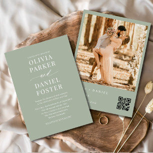 Elegant Sage Green QR Code Photo Wedding Invitation