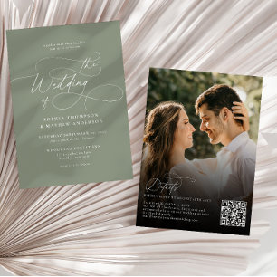 Elegant Sage Green QR Code Rsvp Photo Wedding Invitation