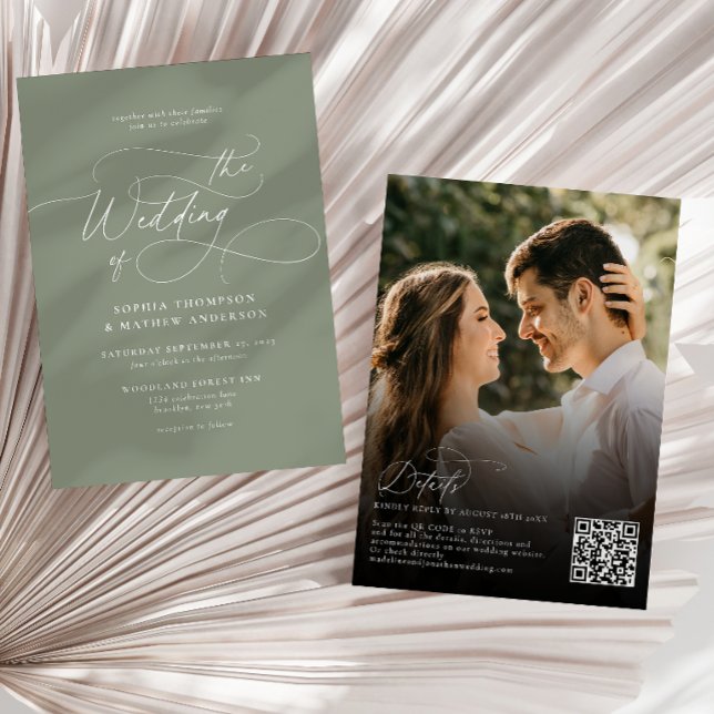 Elegant Sage Green QR Code Rsvp Photo Wedding Invitation (Creator Uploaded)