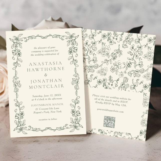 Elegant Sage Green QR Code RSVP Victorian Wedding Invitation (Creator Uploaded)