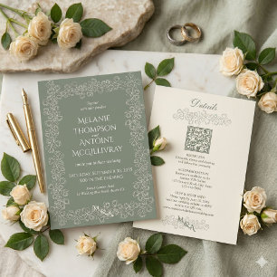 Elegant Sage Green QR Code RSVP Vintage Wedding Invitation