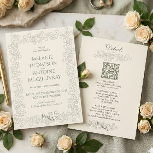 Elegant Sage Green QR Code RSVP Vintage Wedding Invitation