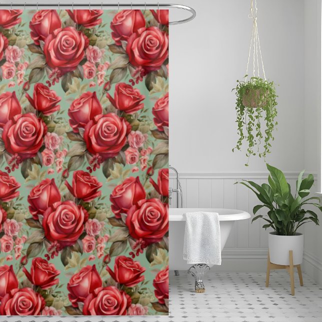 Elegant Sage Green Red Roses Shower Curtain (Creator Uploaded)