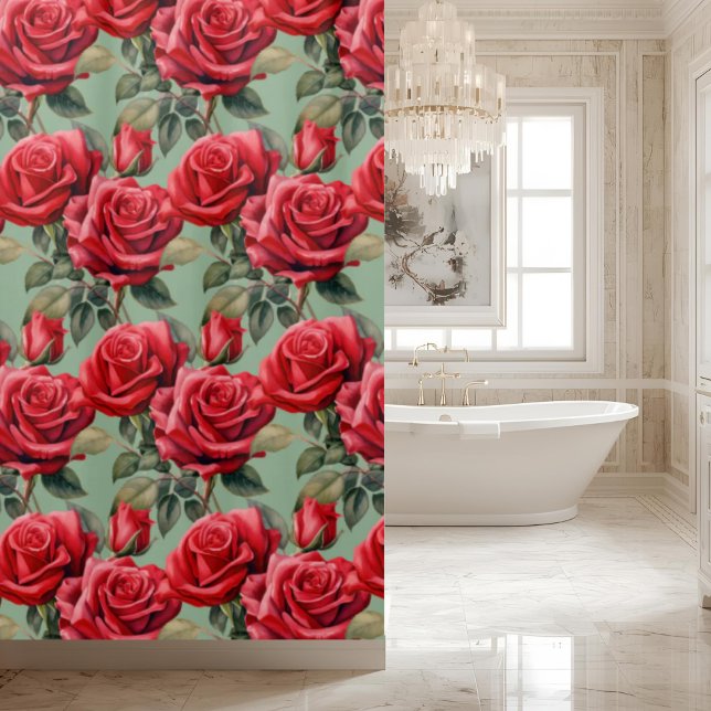 Elegant Sage Green Red Roses Shower Curtain (Creator Uploaded)
