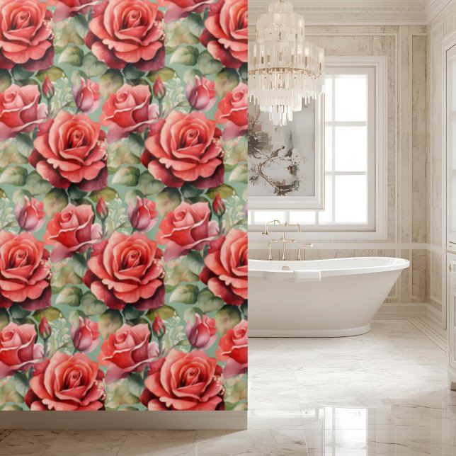 Elegant Sage Green Red Roses Shower Curtain (Creator Uploaded)