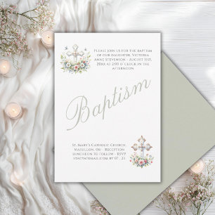 Elegant Sage Green Religious Baby Baptism Invitation