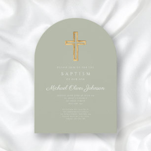 Elegant Sage Green Religious Cross Baptism Invitation