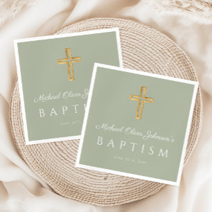 Elegant Sage Green Religious Cross Baptism Napkin