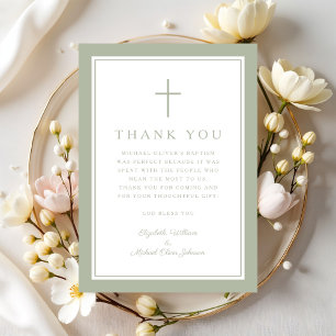Elegant Sage Green Religious Cross Baptism Thank You Card