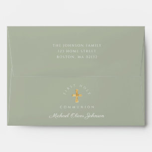 Elegant Sage Green Religious Cross First Communion Envelope
