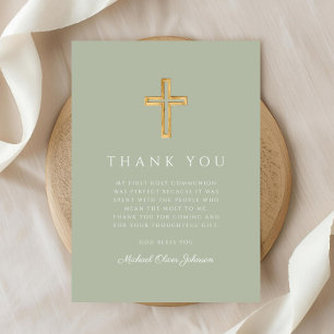 Elegant Sage Green Religious Cross First Communion Thank You Card