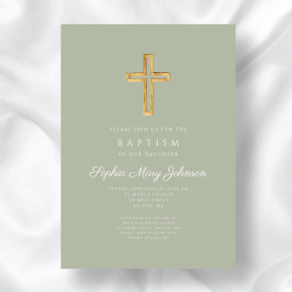 Elegant Sage Green Religious Cross Girl Baptism Invitation