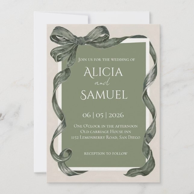 Elegant Sage Green Ribbon Wedding Invitation (Front)