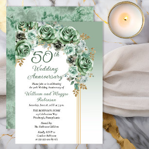Elegant Sage Green Rose Floral 50th Anniversary Invitation