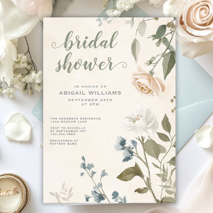 Elegant Sage Green Rose Floral Chic Bridal Shower Invitation
