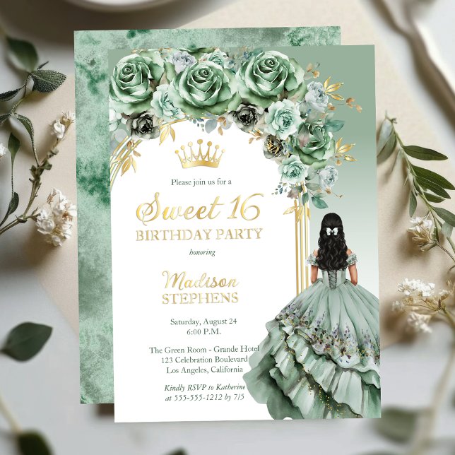 Elegant Sage Green Rose Floral Sweet 16 Party (Elegant Sage Green Rose Floral Princess-Theme Brunette Dk Haired Sweet 16 Foil Invitation )