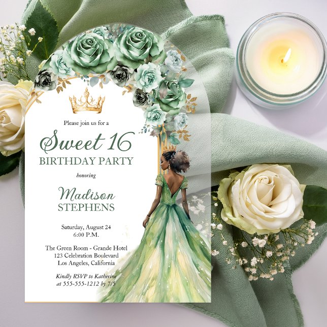 Elegant Sage Green Rose Floral Sweet 16 Party Acrylic Invitations (Elegant Sage Green Rose Floral Sweet 16 Party Acrylic Invitation)