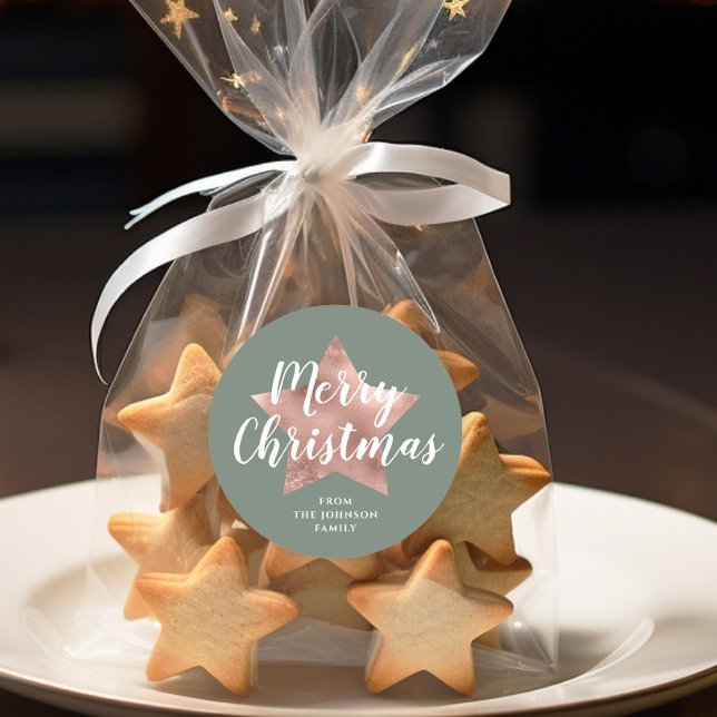 Elegant Sage Green Rose Gold Star Christmas Classic Round Sticker (Modern Sage Green Rose Gold Star Christmas Classic Round Sticker)