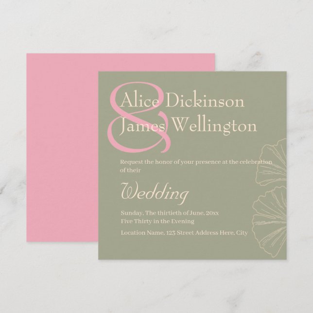 Elegant Sage Green & Rose Pink Ginkgo Wedding Invitation (Front/Back)