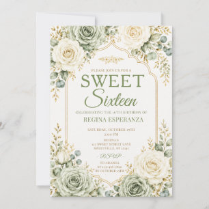 Elegant Sage Green Rose Sweet Sixteen Birthday  Invitation