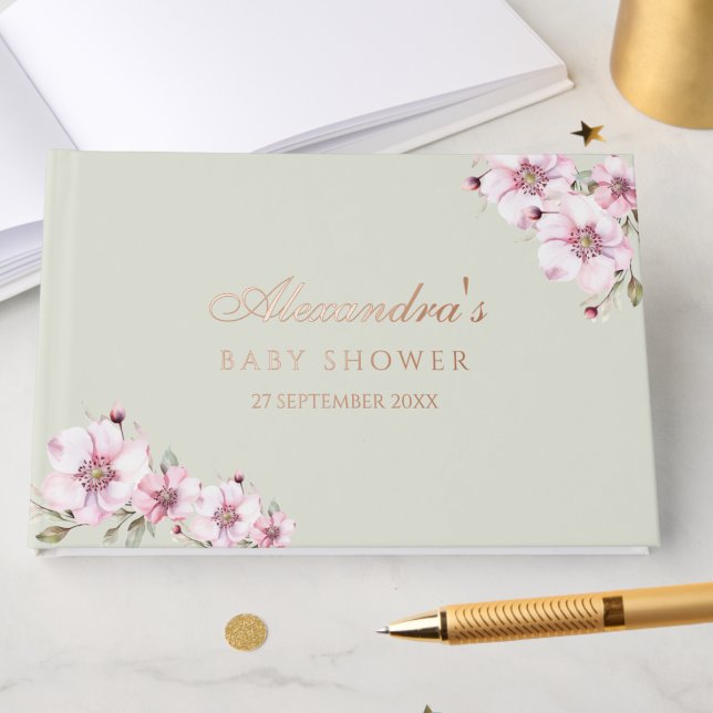 Elegant Sage Green Roses Floral Baby Shower Guest Book (Creator Uploaded)