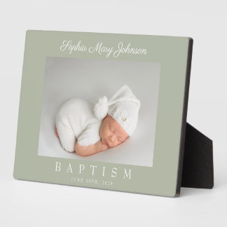 Elegant Sage Green Script Baptism Photo Plaque