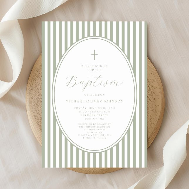 Elegant Sage Green Script Boy Baptism Invitation (Elegant Sage Green Script Boy Baptism Invitation)