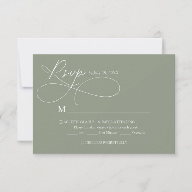 Elegant Sage Green Script Calligraphy Wedding RSVP Card (Front)