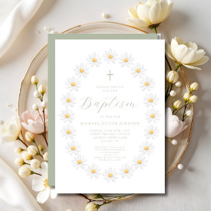 Elegant Sage Green Script Floral Baptism Invitation