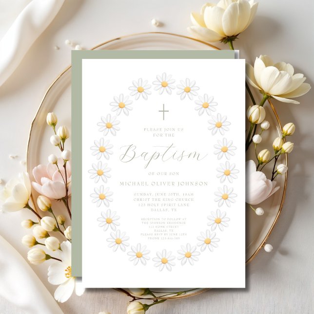 Elegant Sage Green Script Floral Baptism Invitation (Elegant Sage Green Script Floral Baptism Invitation)