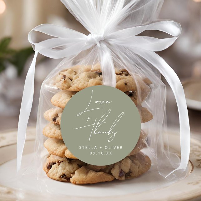 Elegant Sage Green Script Love + Thanks Wedding Classic Round Sticker (Elegant Sage Green Script Love + Thanks Wedding Classic Round Sticker)