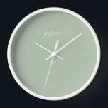 Elegant sage green script name large clock<br><div class="desc">Modern clock with a sage green background and a hand lettered white girly script name. Personalise with your name</div>