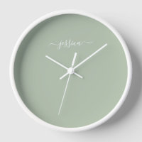 Elegant sage green script name large clock