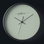 Elegant sage green script name large clock<br><div class="desc">Modern clock with a sage green background and a hand lettered black girly script name. Personalise with your name</div>