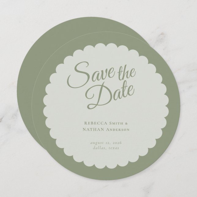 Elegant Sage Green Script Scallop Wedding Save The Date (Front/Back)