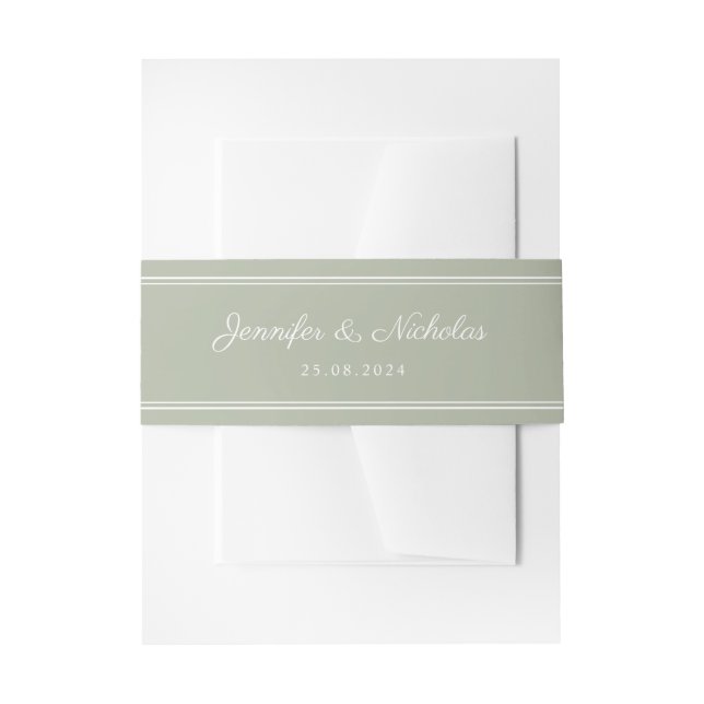 Elegant Sage Green Script Wedding Invitation Belly Band (Front Example)