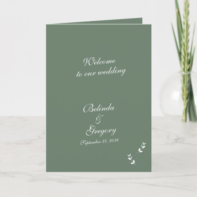 Elegant Sage Green Script Wedding Order of Service Programme (Front)
