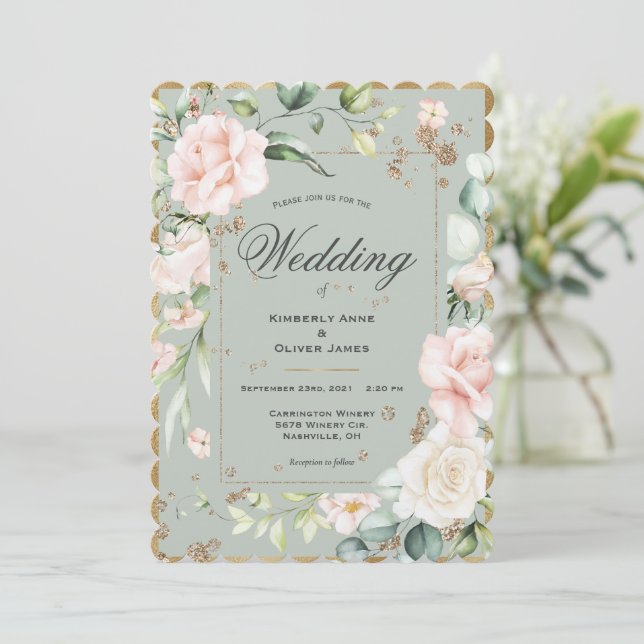 Elegant Sage Green Shimmer Gold Wedding Invitation (Standing Front)