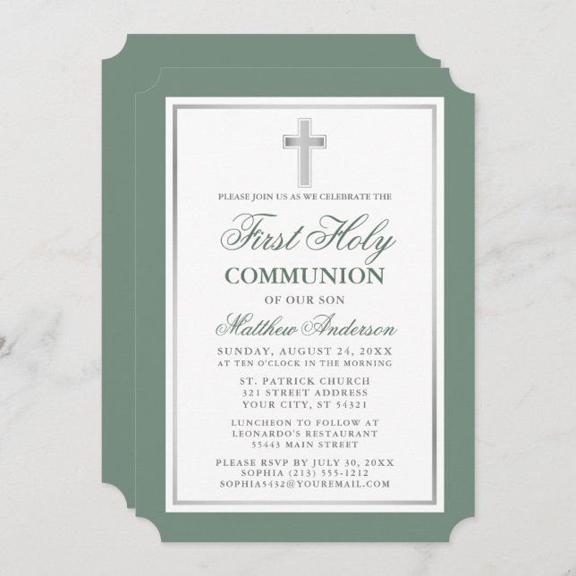 Elegant Sage Green Silver First Holy Communion Invitation (Front/Back)